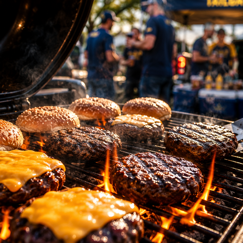 Burgers on a portable grill at a tailgate