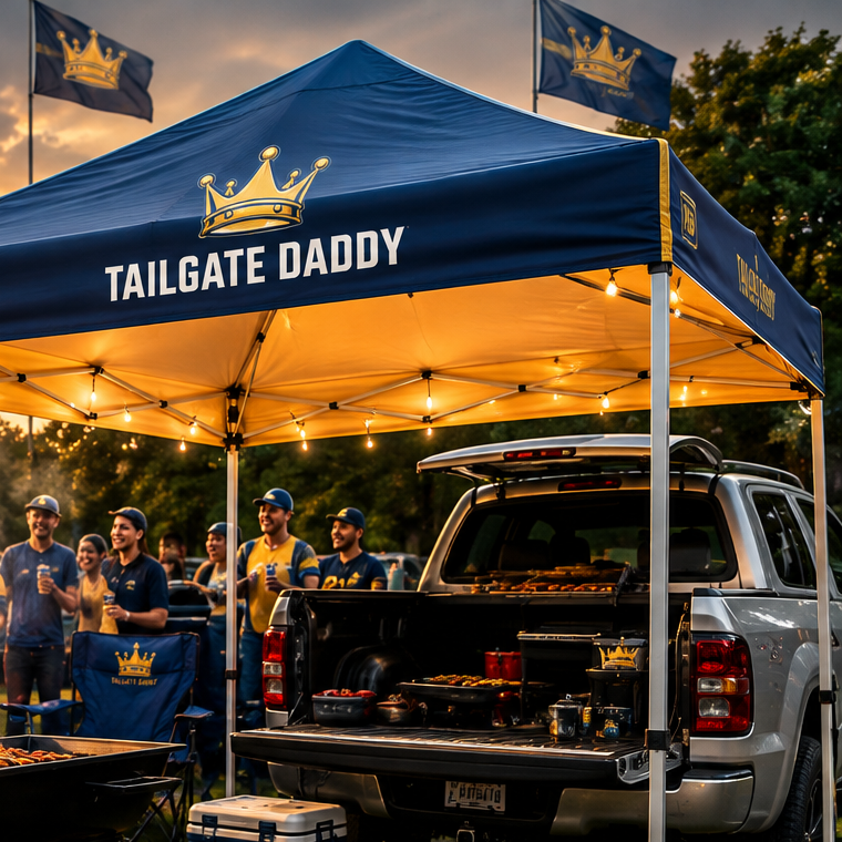 Navy instant canopy over a tailgate stall
