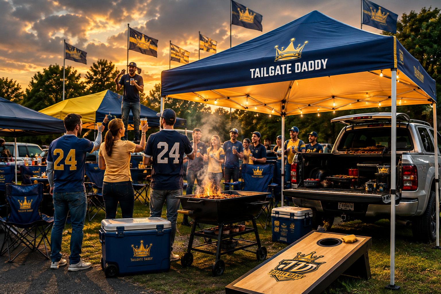 Cinematic sunset tailgate: navy canopy with gold crown, grill fire, cornhole, cooler, flags, and a cheering crowd