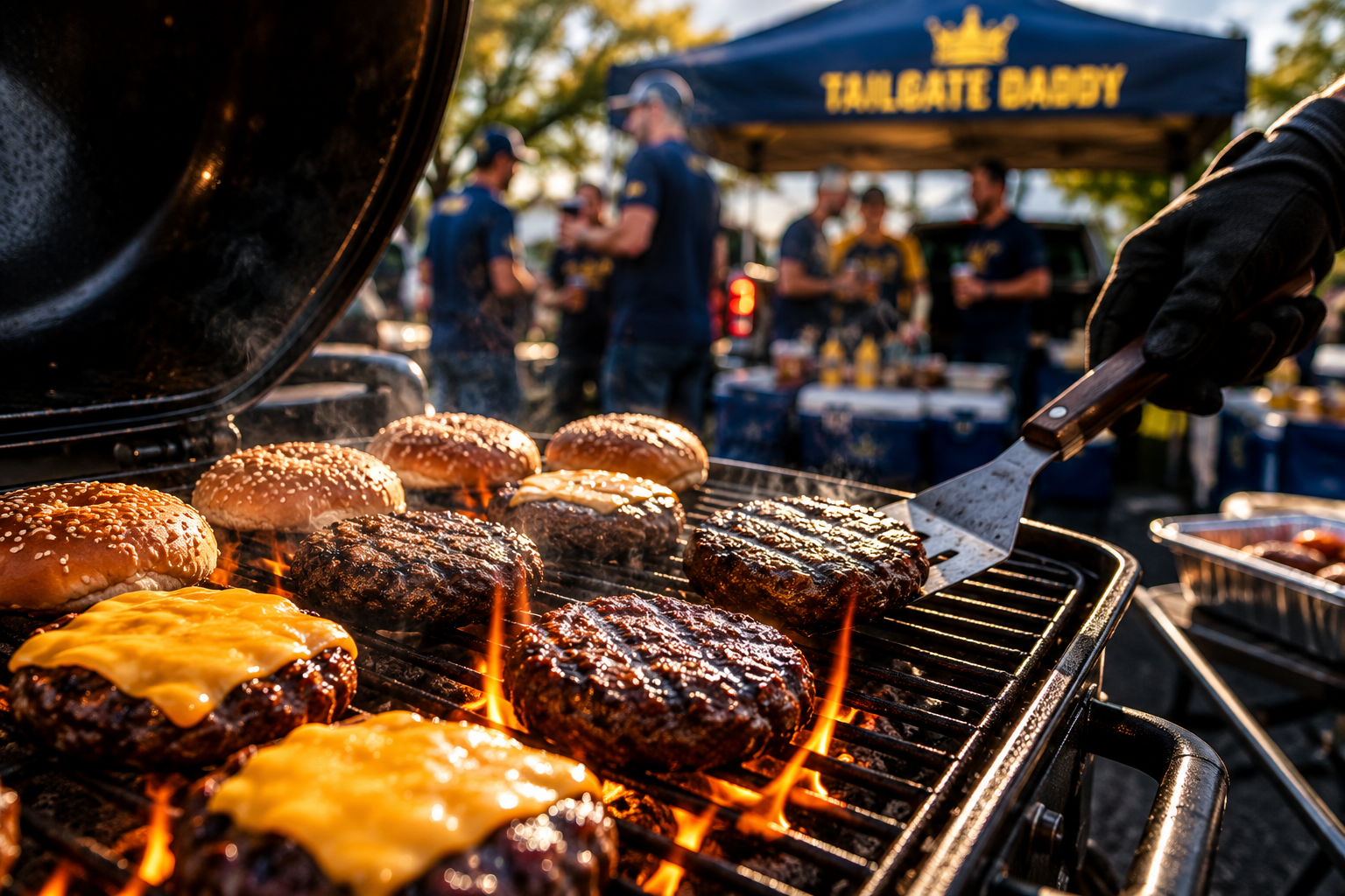 Close-up of burgers on a grill with a Tailgate Daddy navy canopy in the bokeh